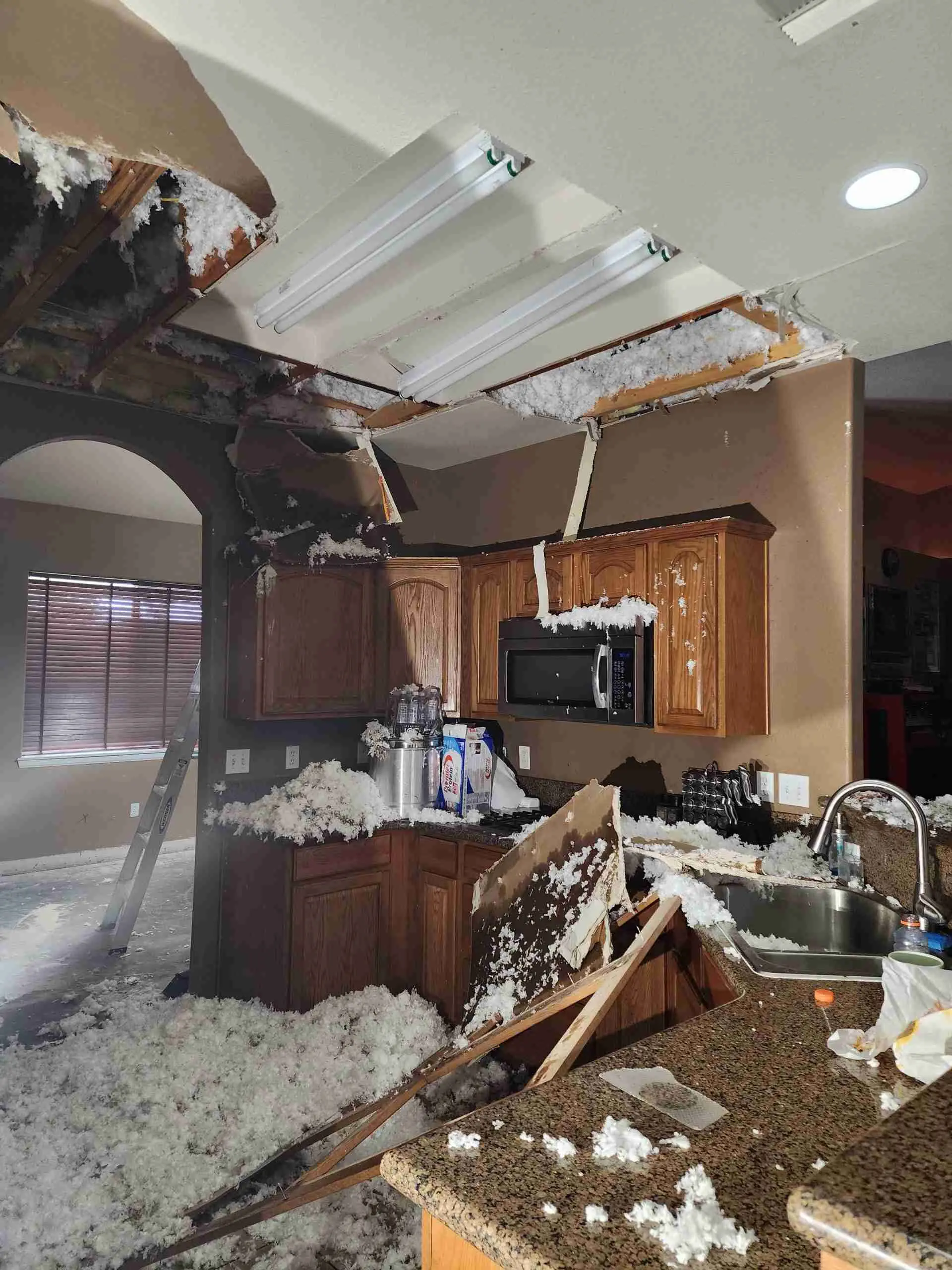Kitchen ceiling collapsed after a water leak, with insulation on the counters, on a Rapid Response job
